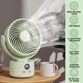 SYBOYEGE 3-Speed USB Desktop Fan with 3600mAh Battery | Quiet Bionic Feather Blades, 140° Tilt & Auto Shake | Portable Cooling for Home, Office Fan, Camping (Light Green)