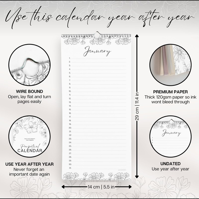 Perpetual Monthly Wall Calendar for Birthdays, Anniversaries & Special Dates