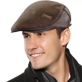 JFAN Mens Adjustable Leahter Beret Hat Hunting Driving Newsboy Cap Flat Cap for Golf,A-Khaki