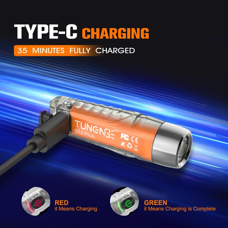 TUNENGE S12Plus Keychain Flashlight，610 High Lumen EDC Pocket Flashlight,USB C