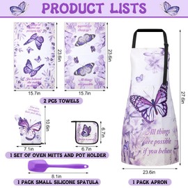 Hoolerry 6 Pcs Religious Purple Kitchen Apron Dish Towels Oven Mitts and Pot Holders Sets with Silicone Spatula for Women Wife Grandma Cooking Baking Gifts