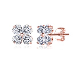 Reffeer Solid 925 Sterling Silver Flower Clover Earrings Studs for Women Teens CZ Flower Stud Earrings Clover (C-Rose Gold)