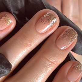 Square Press on Nails Short Fake Nails Golden Glitter Sequins Design Glue on Nails Nude Full Cover False Nails Press ons Glossy Acrylic Nails Artificial Stick on Nails for Women 24Pcs