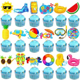 36pcs Summer Pool Cupcake Toppers Decorations Summer Theme Birthday Party Decorations Pool Party Cupcake Picks Decorations for Hawaii Beach Pool Theme Wedding Baby Shower Birthday Party Supplies