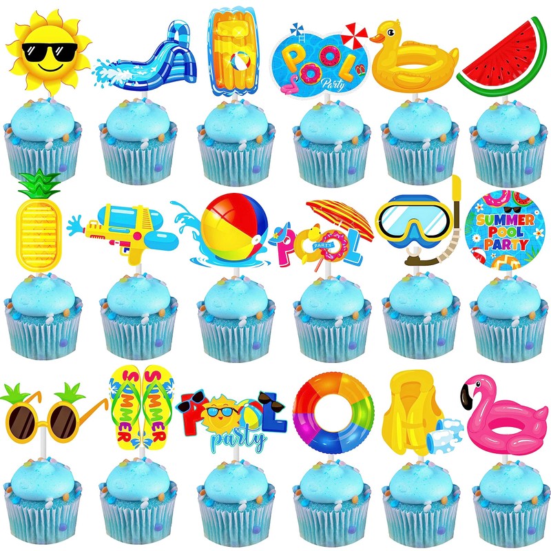 36pcs Summer Pool Cupcake Toppers Decorations Summer Theme Birthday Party