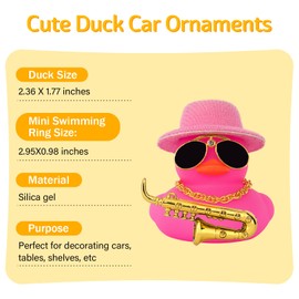 wonuu Car Dashboard Ducks, Saxophone Decor Rubber Duck Car Ornaments with Mini Top Hat Necklace Sunglasses (Pink)