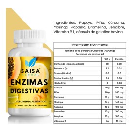 Enzimas Digestivas 120 Cápsulas Mezcla ideal | Suplemento Premium para Mejor Digestión, Hinchazón y Absorción de Nutrientes | Saisa Herbal