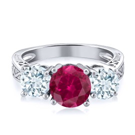 Gem Stone King 2.35 Ct Red Created Ruby and Sky Blue Aquamarine 925 Sterling Silver 3-Stone Women's Ring (Size 7)