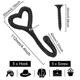 VCRANONR Pack of 5 Coat Hooks with 5 Screws Coat Hooks Wall Vintage Cast Iron Wall Hooks / Metal Hooks Vintage Heart Coat Hooks Wall Black for Bedroom Garden Cupboard Wardrobe Hooks