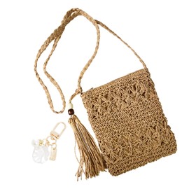 YSDYY 1 Women's Straw Single Shoulder Bag, Summer All-match Beach Shoulder Bag, Hollow Leisure Bag with Tassel, 1 Beach Shelter Accessory Pendant with Metal Buckle, light brown