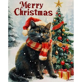 Christrmas Cat Painting Paint by Numbers Kits 16x20 inch Canvas Winter Snow Christmas Tree DIY Oil Painting for Kids, Adults Beginners with Brushes Acrylic Pigment Drawings Gift (Without Frame)