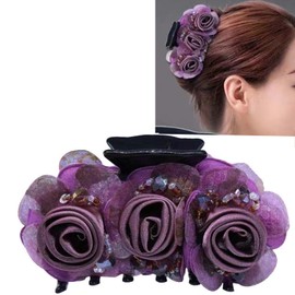 AsggBah 1pc Large Hair Claw Clips with Rose Flowers Plastic Hair Claws Jaw Barrettes Big Floral Hair Bows Fancy Hair Grips Clamps Bun Thick Hair Holder for Women Girls (Purple)