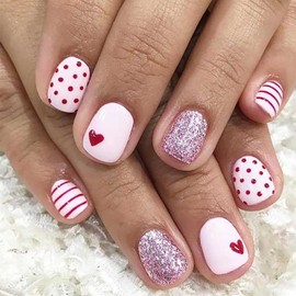 Short Valentin Press on Nails Heart Fake Nails Cute False Nails with Glitter Design Square Pink Glue on Nails Valentin Day Nails Press on Full Cover Acrylic Nails Glossy Artificial Nails for Women