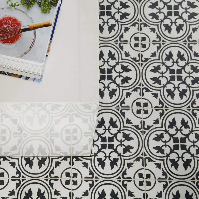 12x12 Flora Black White Encaustic Ceramic Tile (one Piece)