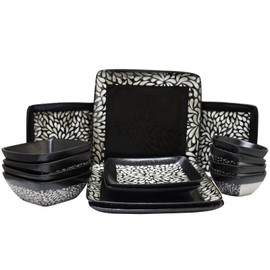 Elama Stoneware Dinnerware Collection, 16 Piece, Tan, Black