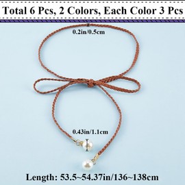 CRASPIRE 6Pcs Skinny Waist Belt for Women 54.37 Inch Black White Brown Adjustable Tie PU Leather Pearl Girdle Braided Chain Belts Thin Woven Chains Belt Rope Boho Fringe Belt for Skirt Dress
