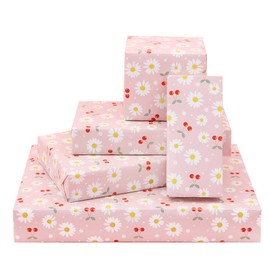 White and Yellow Daisy with Red Cherries on Pink Gift Wrapping Paper, 4 Sheets for Kids Girls Boys Flower Gift Wrap for Birthday, Baby Shower, Wedding, Christening