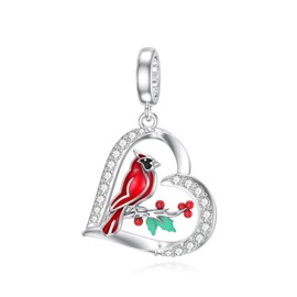 LONAGO Red Cardinal Heart Charm 925 Sterling Silver Dangle Bird Bead Fit Bracelet Our Love Never Dies Gifts for Women Mom(Cardinal Heart Charm)