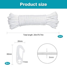 Flag Pole Rope with Flag Pole Clip, 20M Nylon Flag Rope Flagpole, 6mm Flag Pole Halyard Rope Kit Tree Swing Ropes with 8 Flag Pole Clip for Outdoor Sailboat Garden Camping(White)