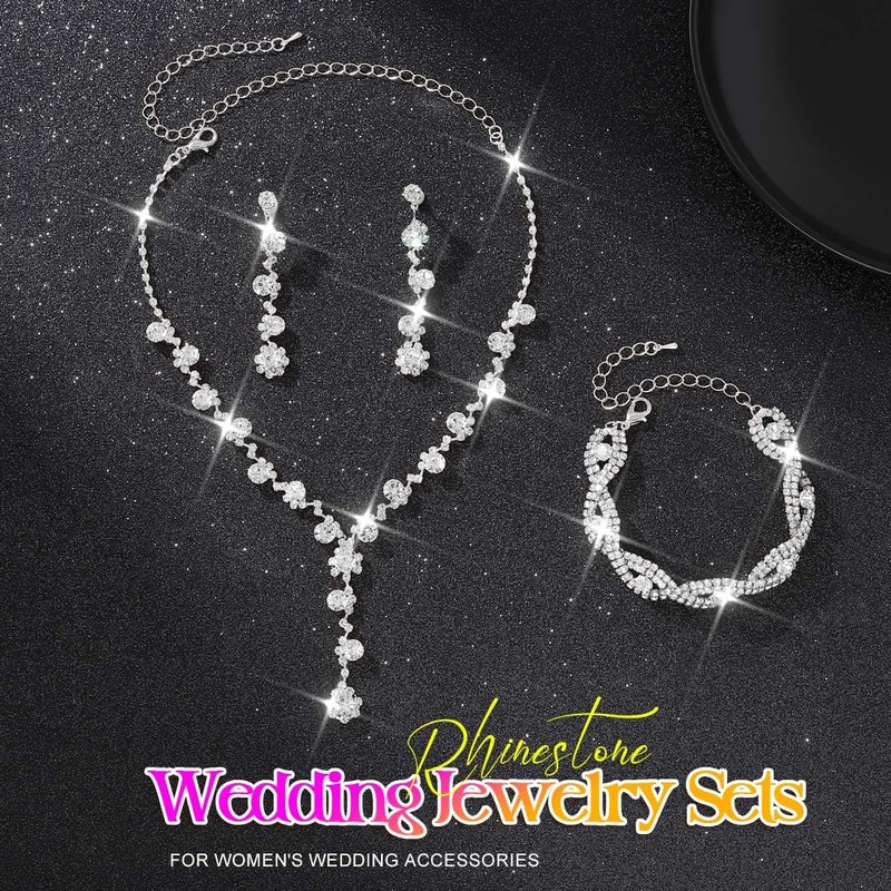 Aukmla Rhinestone Wedding Prom Jewelry Sets Silver Diamond Necklaces and