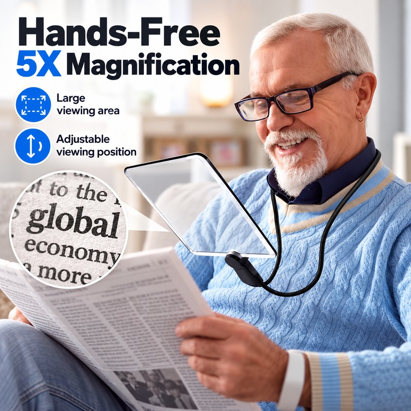 5X Neck-Worn Magnifying Glass for Reading – Adjustable Hands-Free Large