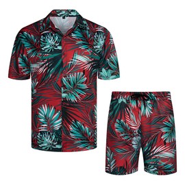 Wirltte Mens Hawaiian Shirt and Shorts Set Tropical Floral Print 2 Piece Outfits Red XXL