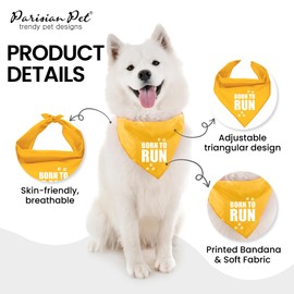 Parisian Pet Unisex Dog Bandanas with Printed 'Born to Run' Words - Cute Tie-On Adjustable Dog Bandana - Dog Bandana Large Breed - Washable Triangle Bandana Bibs - Yellow Handkerchief for Pets - L