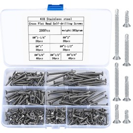 Pack of 200 Self-Drilling Screws, Cross Flat Head Wood Screws, Stainless Steel Self-Tapping Screws with Drilling Ends, Countersunk Plate Screws - M4.2 x 13 mm/16 mm/19 mm/25 mm/32 mm/38 mm/50 mm