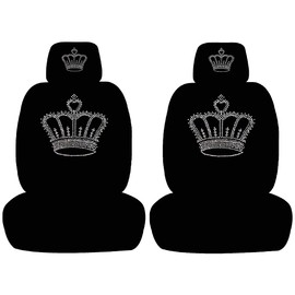 ALLBrand Universal Fit Car Truck Crystal Bling Rhinestone Studded Low Back Front Bucket Seat Covers with Headrest Covers - Pack of 4 (Crown/Black)