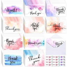 Faccito 100 Watercolor Thank You Cards with Envelopes and Stickers, Baby Shower, Graduation, Birthday, Wedding, Thank You