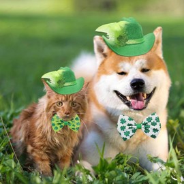 St Patrick's Day Pet Hat 2 Pcs St Patrick's Day Dog Bow Ties Dog Hat Irish St Patrick's Day Green Clover Feather Cat Cap Adjustable Shamrock Pet Bow Ties Accessories for Most Pets Party Supplies