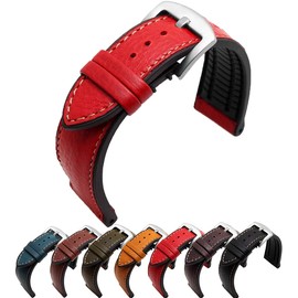 Strapseeker Premium Italian Hybrid Calf Leather FKM Rubber Watts Watch Straps- Waterproof Performance Sports Bands for Men & Women- Replacement Watchband- Colors: Black, Blue, Brown, 24mm (Red, 24mm)
