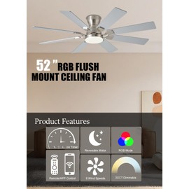 JSAITEE 52 inch Ceiling Fan with Light, 6 Speeds Reversible Low Profile Ceiling Fan with Light and Remote/APP Control, 3 Color Temp+Dimmable RGB, 8 Blades, Flush Mount Quiet Ceiling Fans, Nickel