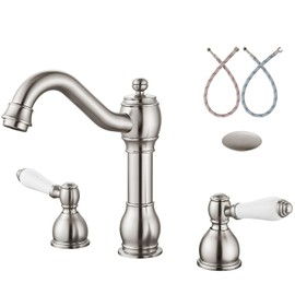 Aolemi Brushed Nickel 8 Inch Widespread Bathroom Sink Faucet Double Ceramic Handle 3 Hole Deck Mount Vanity Basin Mixer Tap with Pop Up Drain Assembly