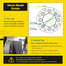 YHTAUTO 8x6.5 to 8x180 Wheel Adapters 1.5 inch Fits Chevy, GMC, Silverado Sierra 2500 3500 HD 1999-2010, C/K, Suburban, Savana, Express, 8 Lug Tire Spacers w/ M14x1.5 & 12.9 Studs, 117 mm Bore 2PCS