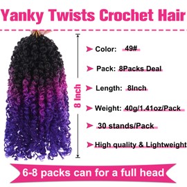 Unionbeauty Yanky Twist Crochet Hair 8 Inch 8 PCS Pre-twisted Passion Twist Crochet Braid with Bouncy Pre-Looped Spring Twist micro braids Ombre Black Purple Blue Synthetic Crochet Hair Extensions 49#