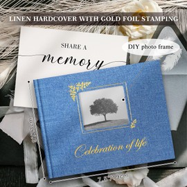Lanpn Funeral Guest Book for Memorial Service, Linen Celebration of Life Registry Guest Book with Open Window, Memory Book for Funeral with Table Sign, Funeral Favors Sign in Books for Guests, Blue