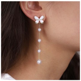Cimenexe Bohemian Crystal Pearl Jacket Earrings Gold Cz Pearl Chain Drop Earrings Paved Butterfly Stud Earrings Rhinestone Pearl Dangle Earrings Jewelry for Women and Girls Gifts