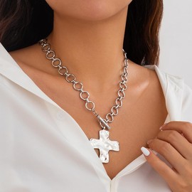 Chunky Cross Necklace for Women Large Big Cross Pendant Chunky Silver Necklaces S925 Plated Thick Chain Hammered Silver Cross Necklaces Trendy Hypoallergenic Chunky Silver Statement Necklace Cross Jewelry