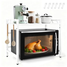 Kaixin Rabbit Extensible Microwave Oven Stand, Adjustable Metal Storage Shelf, Kitchen Countertop Organizer, Double-layer with 6 Hooks, Capable of Supporting up to 65 Pounds