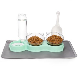 WRINGKIT Cat Food Water Bowl, Triple Cat Bowls with Mat and Scoop, 15° Tilted Raised Cat Bowl Dishes with Automatic Water Bottle, Pet Feeding Bowls for Cat, Small Dogs, Wet, Dry Food