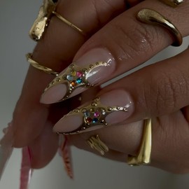 LPOODDNU 3D Colorful Flower Press on Nails - Almond Medium Fake Nails with Rose Pink Gradient Gold Bead Designs, Glossy Finish Reusable False Nails with Glue Tabs - 24Pcs Nail Kit for Women Manicure