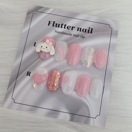 Pink rabbit heart handmade nail tip - Long Oval / 핑크 토끼 하트 수제네일팁 - 롱오발