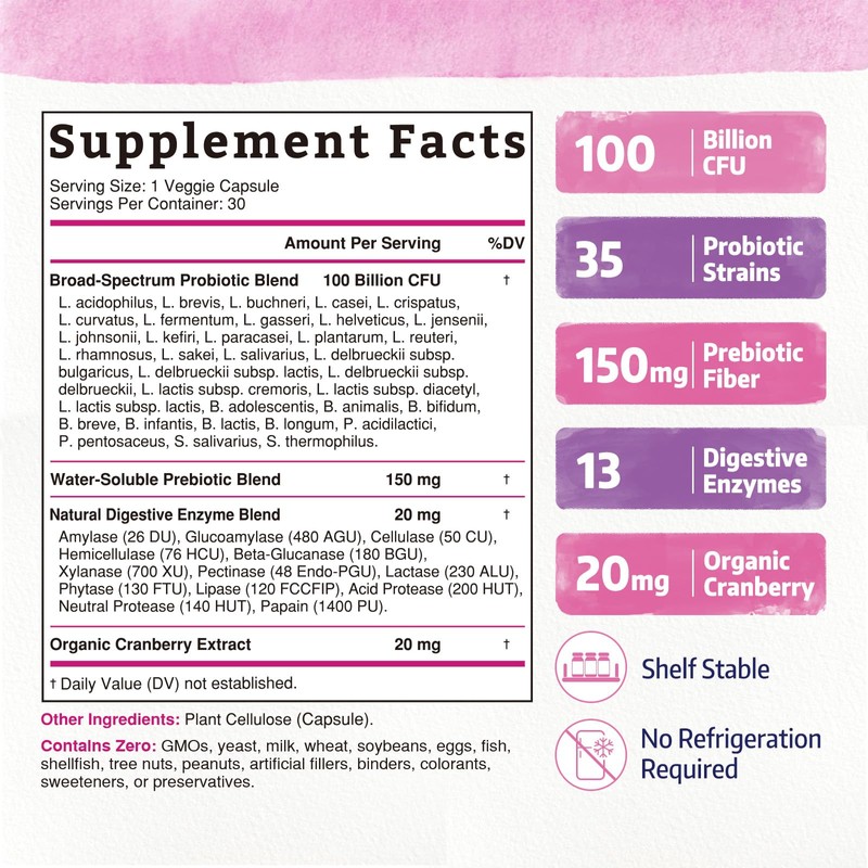 Bonawell Probiotics for Women 100B, with Prebiotics, Digestive Enzymes &