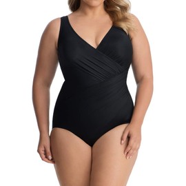 Miraclesuit Women's Plus Size Swimwear Oceanus V-Neckline Underwire Bra Tummy Control One Piece Swimsuit, Black, 20W