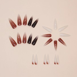 BABALAL Stiletto Press on Nails Long Fake Nails Brown Black Glue ons Nails Bling Glitter Acrylic Nails 24Pcs Almond Thick Stick on Nails Press on Fall False Nails