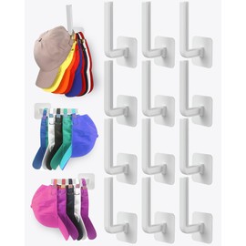 Sunfanie Hat Rack for Hat Storage (12-Pack), Multi-Purpose Hat Organizer, Strong Adhesive Hat Hooks for Wall Hat Organizer for Baseball Caps, Two Mounting Options Hat Hook, White