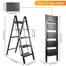 cozypony 5 Step Ladder,Foldable Step Stool with Wide Anti-Slip Pedals, Sturdy Steel Ladder Collapsible Portable Ladders Hold up to 500 lbs for Home and Kitchen Black