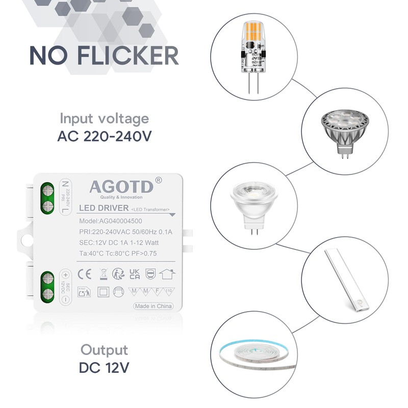 AGOTD LED Transformer 12 V 1 A 12 W Flicker-Free