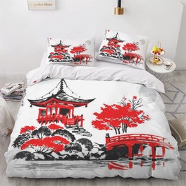 NYSMGS Tokyo, Japan Bed Linen, 135 x 200 cm, 3D Motif, Watercolour Duvet Cover with Zip, Summer Soft Microfibre Bed Linen Set, Duvet Covers with 2 Pillowcases 80 x 80 cm, for Children, Boys, Girls
